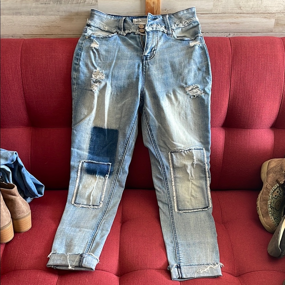 Women's Light Blue Distressed Patch Jeans
